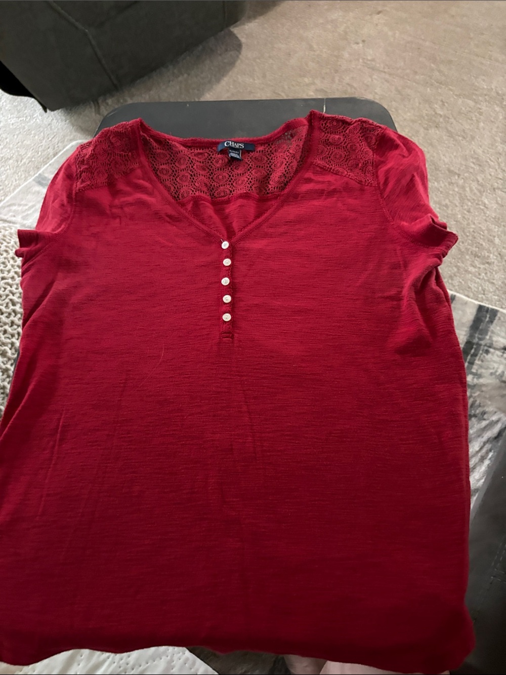 Chaps Deep Red Lace Henley Short Sleeve Tee